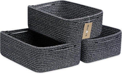 Large Shallow Organizing Baskets 15x11x5.1 Inches - Rope Woven Storage Bins for Bathroom, Shelves, Cube Closet, Mixed Black 3 Packs