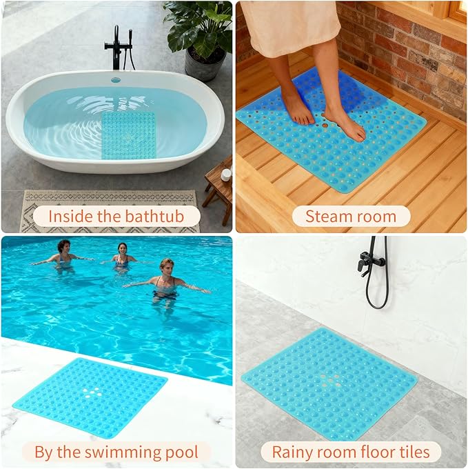 Anti-Slip Bathtub Shower mat, 20.8×20.8（Approximately 53×53cm） inch Soft Oversized Machine Washable Non-Slip Bathtub mat with Drainage Holes, Bathroom Floor Suction Cup.（1-Clear Green）