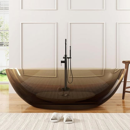 Stone Resin Freestanding Bathtub 71", Elegant Oval Shape Soaking Tub, Solid Surface Stand Alone Bathtub with Drain & Integrated Slotted Overflow Transparent Sepia AMFS303-1800 SEPIA
