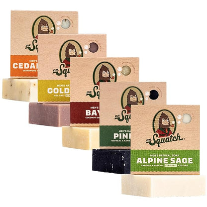 Dr. Squatch Natural Bar Soap for Men - Cold Process Soap with No Harsh Chemicals - Cedar Citrus, Gold Moss, Bay Rum, Pine Tar & Alpine Sage (5 oz, 5-Pack)