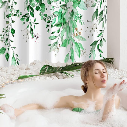 Gibelle Small Stall Shower Curtain 36 x 72, Narrow Emerald Green Floral Shower Curtain for Bathroom, Watercolor Plant Eucalyptus Leaves Fabric Shower Curtain Set