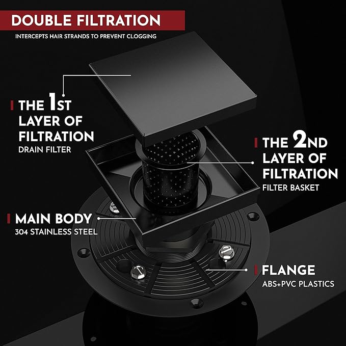 WEBANG 4 Inch Square Shower Drain Black Floor Drain with Flange Reversible 2-in-1 Cover Tile Insert Grate Removable SUS304 Stainless Steel CUPC Certified Matte Black