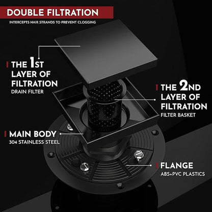 WEBANG 4 Inch Square Shower Drain Black Floor Drain with Flange Reversible 2-in-1 Cover Tile Insert Grate Removable SUS304 Stainless Steel CUPC Certified Matte Black