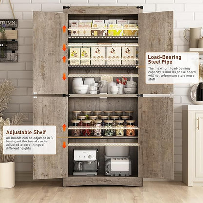 71" Tall Kitchen Pantry,Farmhouse Storage Cabinet with Adjustable Shelves,Load-Bearing Steel Pipe,Farmhouse Pantry Cabinet with 4 Barn Doors,for Kitchen,Dining Room,Living Room(Light Rustic Oak)