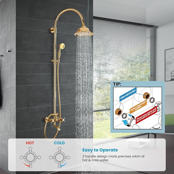 gotonovo Bathroom Classic Exposed Shower Faucet Wall Mount Shower System 8 Inch Luxurious Rainfall Shower Head Set with Tub Spout and Handheld Spray Double Cross Handles Polished Gold
