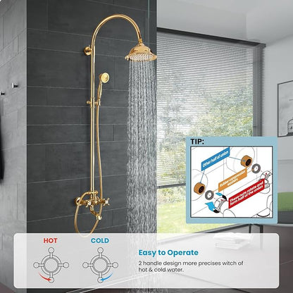 gotonovo Bathroom Classic Exposed Shower Faucet Wall Mount Shower System 8 Inch Luxurious Rainfall Shower Head Set with Tub Spout and Handheld Spray Double Cross Handles Polished Gold