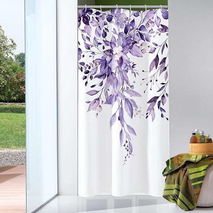 Gibelle Small Stall Shower Curtain 36 x 72, Narrow Purple Floral Shower Curtain for Bathroom, Watercolor Plant Eucalyptus Leaves Fabric Shower Curtain Set