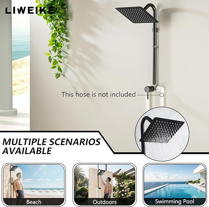LIWEIKE Outdoor Shower Kit, All Mental Matte Black Outdoor Shower Fixtures with 8 Inch Rainfall Shower Head Outside Shower with Single Handle for Backyard, Valve Included