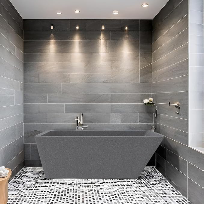 65'' Stone Resin Solid Surface Freestanding Bathtub, Terrazzo Bathtub Soaking Tub，Modern Elegant Design Soaking Stand Alone Tub, Matte Greyish stone, Drain and Overflow Included 009-1650
