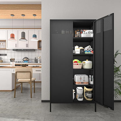 COFaR 5 Tier Black Metal Storage Cabinet, Free Standing with 2 Doors, 4 Adjustable Shelves and Legs, Cupboard Metal Cabinet for Living Room, Kitchen, Dining Room, Office