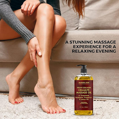 Majestic Pure Firming Body Massage Oil with Collagen – Helps Smooth The Appearance of Cellulite & Improve Skin Texture – Refreshing Aromatherapy Body Oil for Legs & Full Body – 8 Fl Oz Pack of 2