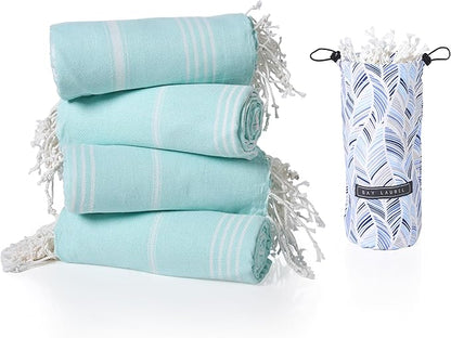 BAY LAUREL Turkish Beach Towel with Travel Bag 39 x 71 Quick Dry Sand Free Lightweight Large Oversized Towels Light - Pack of 4 (Pack of 4 - Aqua with Blue Floral Bag)