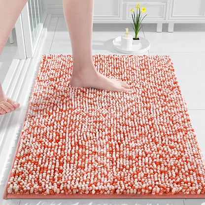 Yimobra Bath Mats for Bathroom Non Slip, 36x24, Extra Soft Chenille Bathroom Rugs, Luxury Fluffy Long Matts for Tub, Plush Shaggy Carpet, Water Absorb, Machine Washable, Orange & Pink