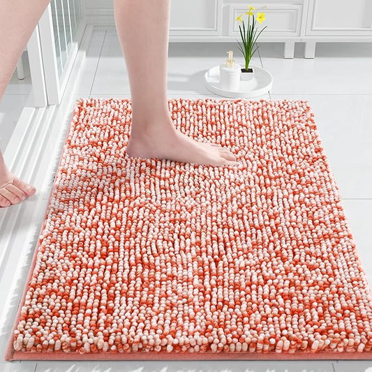 Yimobra Bath Mats for Bathroom Non Slip, 36x24, Extra Soft Chenille Bathroom Rugs, Luxury Fluffy Long Matts for Tub, Plush Shaggy Carpet, Water Absorb, Machine Washable, Orange & Pink