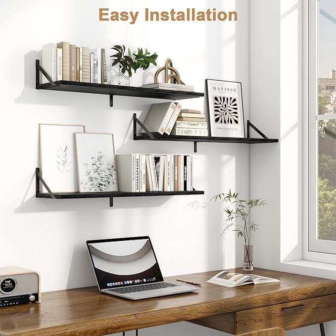 Fun Memories Floating Shelves for Wall, 36 Inches Long Set of 3 Wall Shelves for Bedroom, Floating Bookshelves with Metal Brackets for Living Room, Kitchen, Bedroom and Laundry Room (Black)