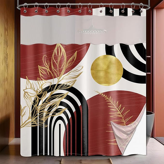 Black and Red Boho See Through Mesh Top Shower Curtain with Window, Dark Red Mid Century Modern Mens Double Layer Shower Curtains with Snap in Liner, Waterproof Fabric with Hooks, 71x72 in