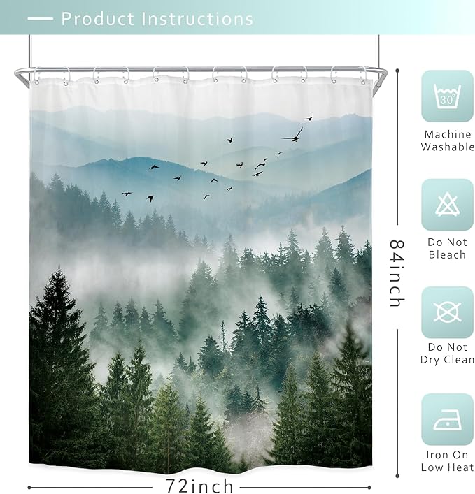 Riyidecor Green Mountain Shower Curtain 72Wx84H Inch Extra Long Nature Scenery Foggy Pine Tree Scenic Landscape Woodland Rustic Mens Bathroom Decor Fabric Polyester Waterproof 12 Pack Hooks