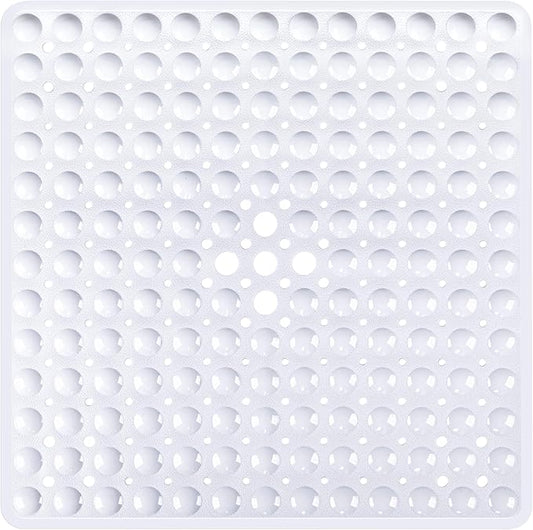 White Square Shower Bathtub Mat Non Slip 21x21 Inch, Soft Bath Mat for Inside Shower Tub, Shower Stall Mats for Bathroom Floor with Big Suction Cups Drain Holes, Easy Washable Dry BPA-Free