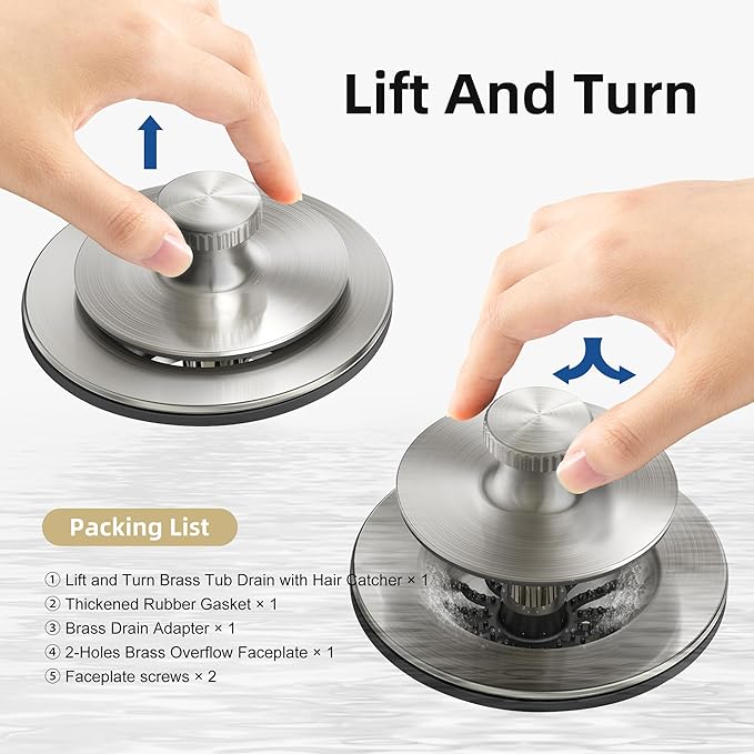 Brushed Nickel Bathtub Drain, Hair Catcher and 2-Hole Overflow Faceplate, 11.5/16 UNC, Lift and Turn Bathtub Drain Replacement, Tub Drain Stopper