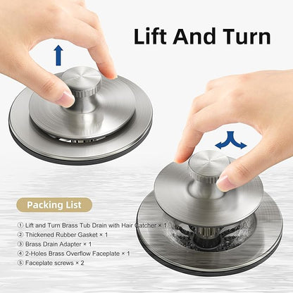Brushed Nickel Bathtub Drain, Hair Catcher and 2-Hole Overflow Faceplate, 11.5/16 UNC, Lift and Turn Bathtub Drain Replacement, Tub Drain Stopper