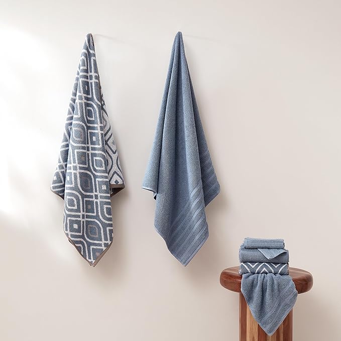 Modern Threads Oxford 6-Piece 100% Cotton Towel Set – Yarn Dyed Jacquard & Solid – Includes 2 Bath Towels, 2 Hand Towels, 2 Washcloths – Absorbent, Quick Dry, Soft & Durable – Blue