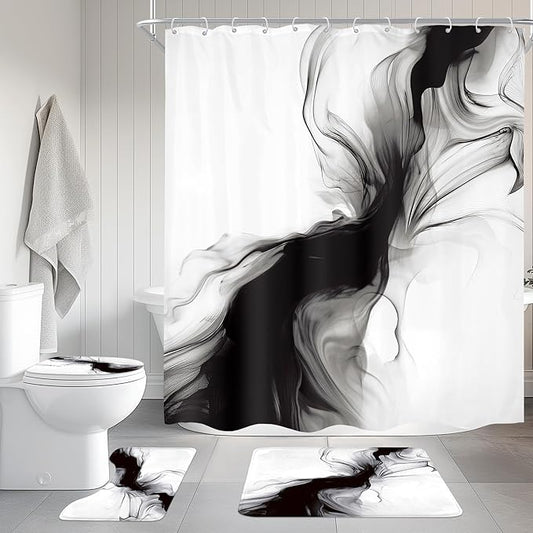 Cinbloo 4Pcs Black White Shower Curtain Set, Abstract Modern Ombre Grey Bathroom Curtain with Rug, Toilet Lid Cover, Bath Mat, Minimalist Marble Women Girls Ink Texture Shower Curtain with 12 Hooks