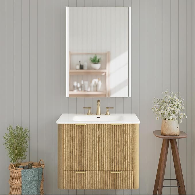 Lighted Bathroom Medicine Cabinet with Mirror，20 x 28 Inch Wall-Mounted Bathroom Wall Cabinet with Storage, LED Lights, Adjustable Shelves,Natural