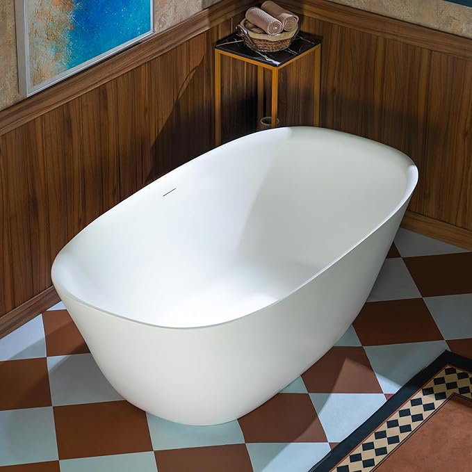 WOODBRIDGE 59" L x 32-5/8" W Luxury Contemporary Solid Surface Stone Resin Freestanding Bathtub in Matte White