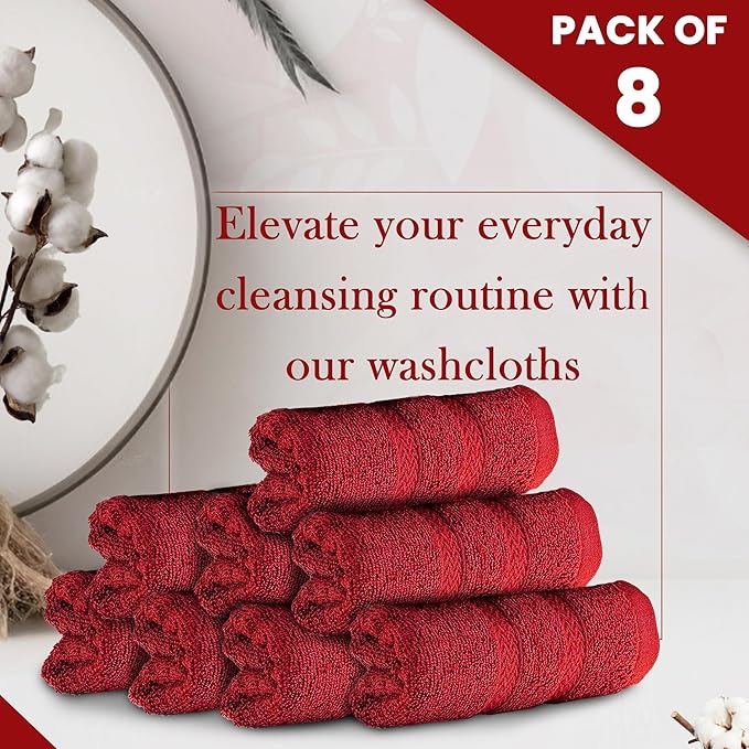 HALLEY Turkish 8 Pack Premium Washcloths (8 Pieces) 650 GSM Highly Absorbent Super Soft 100% Cotton - 8 Washcloths (Red)