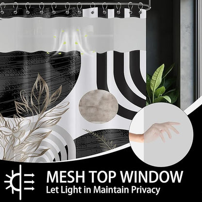 Black and White Boho See Through Mesh Top Shower Curtain with Window, Grey Mid Century Modern Mens Double Layer Shower Curtains with Snap in Liner, Waterproof Fabric with Hooks, 71x72 in