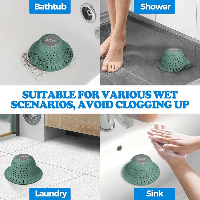 zaa Bathtub Drain Hair Catcher, Premium Silicone Collapsible 2 Pack Drain Protector for Pop-Up & Regular Drains of Shower, Bathtub, Tub, Bathroom, Sink, Gray Green
