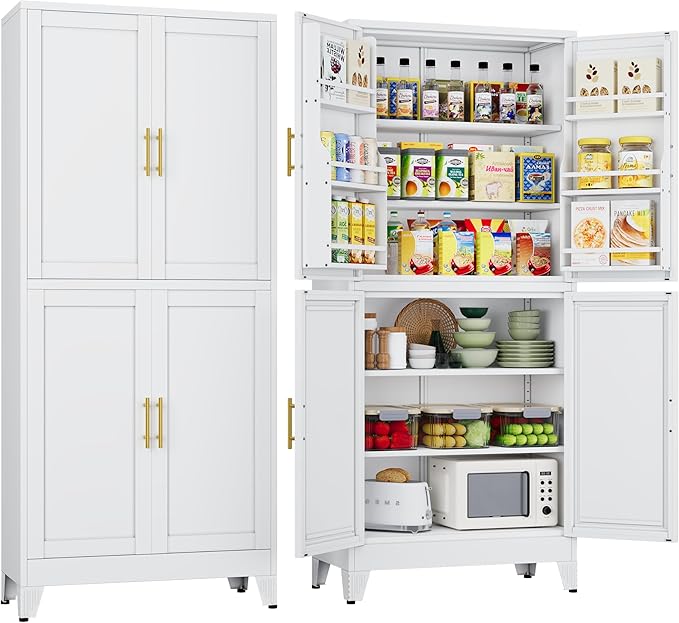 75" Tall Metal Kitchen Pantry Storage Cabinet, Freestanding Cupboard Storage Cabinet with 4 Doors and 4 Adjustable Shelves, Large Stand Up Food Cupboard for Dinning Room, Bathroom, White