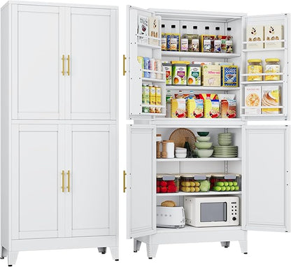 75" Tall Metal Kitchen Pantry Storage Cabinet, Freestanding Cupboard Storage Cabinet with 4 Doors and 4 Adjustable Shelves, Large Stand Up Food Cupboard for Dinning Room, Bathroom, White