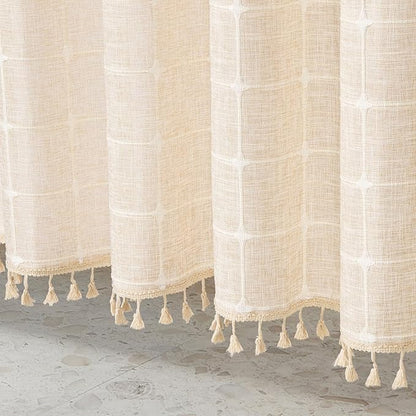 MitoVilla Cream Boho Farmhouse Shower Curtain Set 72 x 78, Beige 78 inch Long Polyester Linen Tassel Fabric Shower Curtain Set for Chic Cottagecore French Rustic Bathroom Decor