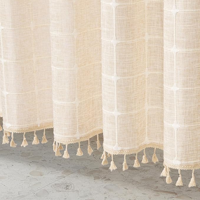 MitoVilla Cream Boho Extra Long Shower Curtain 72 x 84, Modern Farmhouse 84 inch XL Polyester Linen Texture Tassel Fabric Shower Curtain Set with Hooks for Cottagecore Country Bathroom Decor, Beige