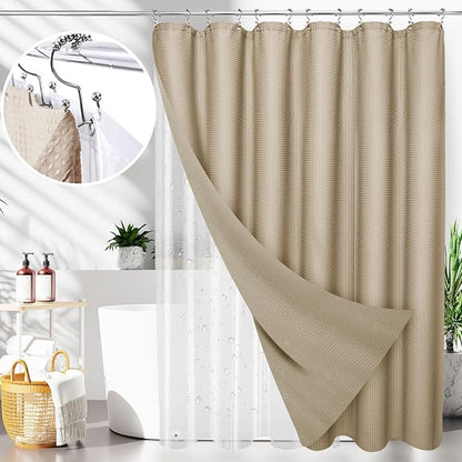 LaCyan 3 in 1 Waterproof Waffle Weave Shower Curtain and Clear Liner Set with 12 Stainless Steel Hooks Double Sided for Bathroom 72 Inches Heavy Duty Polyester Fabric Shower Curtains 72x84