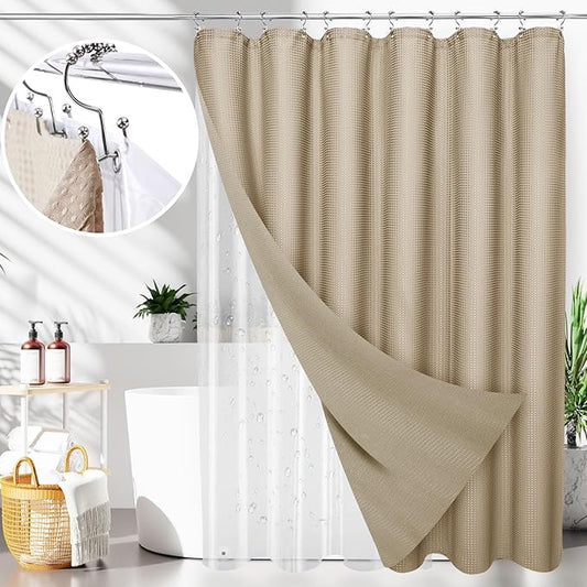 LaCyan 3 in 1 Waterproof Waffle Weave Shower Curtain and Clear Liner Set with 12 Stainless Steel Hooks Double Sided for Bathroom 72 Inches Heavy Duty Polyester Fabric Shower Curtains 72x84