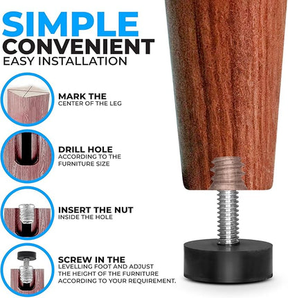 12 Pack All-Rubber 1/4"-20 UNC Leveling Feet with Inserts, Adjustable Levelers for Table Chair Stool Legs - 0.35" to 0.85" Height Range, Anti-Slip