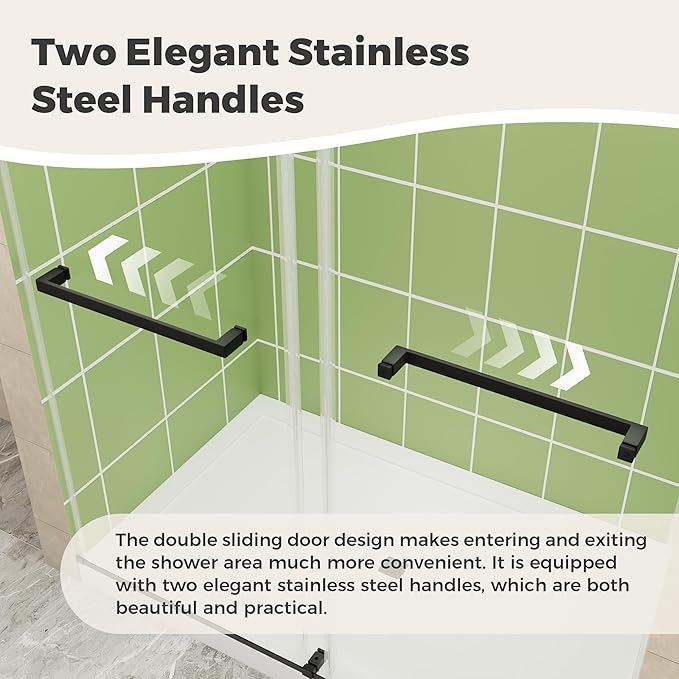 DELAVIN 56-60" W x 75" H Double Sliding Frameless Shower Door, Glass Shower Door with 1/4"(6mm) SGCC Tempered Glass, Noiseless Shatterproof Shower Doors Stainless Steel, Aluminum, Black