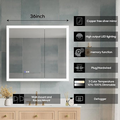 WELLFOR 36 x 32 Inch LED Medicine Cabinet with Lights, 3X Magnification Makeup Mirror, Bathroom Vanity Mirror Cabinet with Storage, Anti Fog, Surface or Recess Mount, Double Opening Door