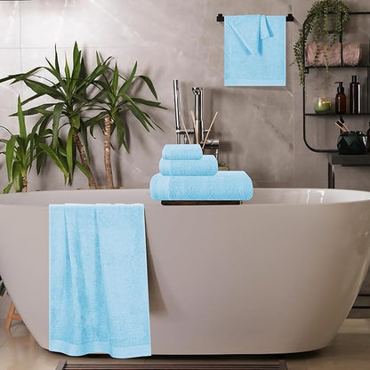 Ultra Soft 6 Pack Cotton Towel Set, Contains 2 Bath Towels 28x55 inch, 2 Hand Towels 16x24 inch & 2 Wash Coths 12x12 inch, Ideal Everyday use, Compact & Lightweight - Sky Blue