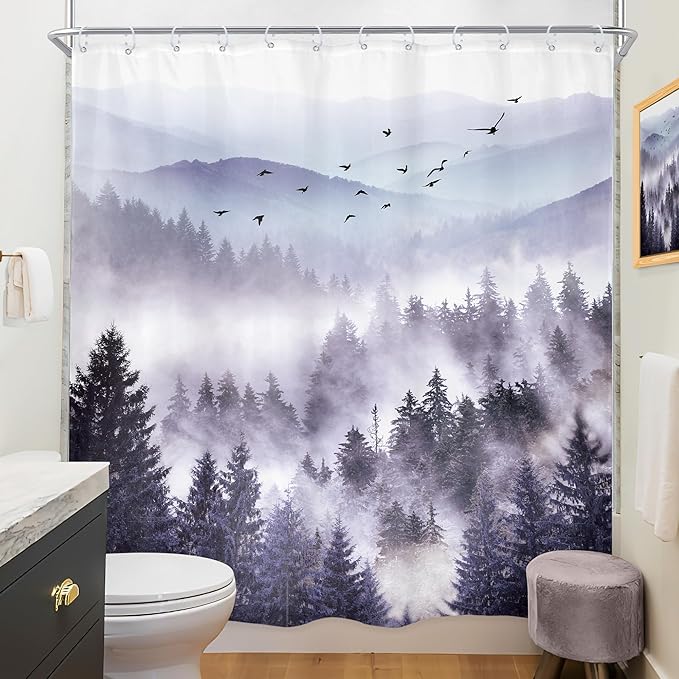 Riyidecor Purple Mountain Shower Curtain 72Wx72H Inch Nature Scenery Landscape Rustic Pine Tree Misty Foggy Mountain View for Mens Natural Bathroom Decor Fabric Polyester Waterproof 12 Pack Hooks