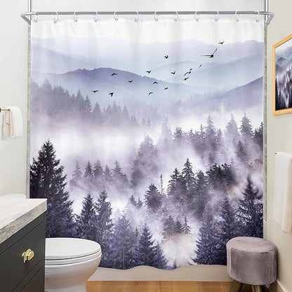 Riyidecor Purple Mountain Shower Curtain 72Wx72H Inch Nature Scenery Landscape Rustic Pine Tree Misty Foggy Mountain View for Mens Natural Bathroom Decor Fabric Polyester Waterproof 12 Pack Hooks