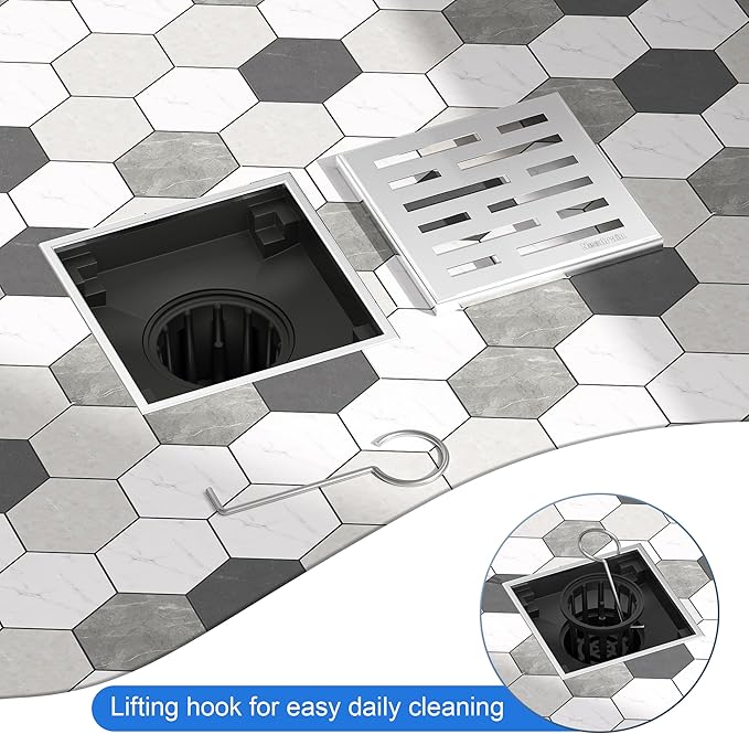 Neodrain Square Shower Drain, 4 inch Stainless Steel 304 Grate and PVC Drain Body, Brick Pattern Grate with Brushed Nickel Finish, Kit Includes Hair Trap/Strainer,Lifting Hook and PVC Drain Base