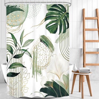 Sage Green Boho Shower Curtain 54Wx78H Small Stall Modern Abstract Mid Century Bohemian Tropical Palm Leaves Geometric Plant Bathroom Decor Botanical Bath Curtain Fabric Polyester 12 Pack Hooks