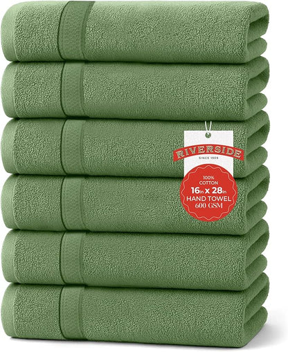 RIVERSIDE 6 Pack Premium Hand Towels Set, 16x28 inches, 100% Ring Spun Cotton, 600 GSM, Soft, Quick Dry and Highly Absorbent, Towels for Bathroom, Kitchen, Gym, Spa - Sage Green