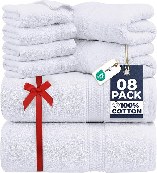 Utopia Towels 8 Piece Luxury Towel Set – Majestic Plush, Super Absorbent & Quicker-to-Dry, Thick 100% Ring Spun Cotton Towels for Bathroom, Spa & Hotel – 2 Bath, 2 Hand, 4 Washcloths, White