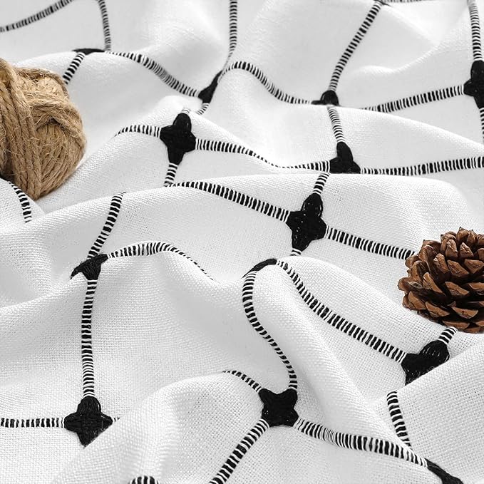 MitoVilla White Black Boho Shower Curtains for Modern Farmhouse Bathroom Decor, Ivory Country Thick Polyester Linen Fabric Cloth with Tassel, 72 x 72