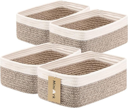 Small Storage Baskets for Organizing | Closet Organizer Bins | Shelf Toy Basket | Woven Rope Baskets | Cube Decorative Box | Shallow Basket | 13x8.5x5.1” | 4 Packs White Brown
