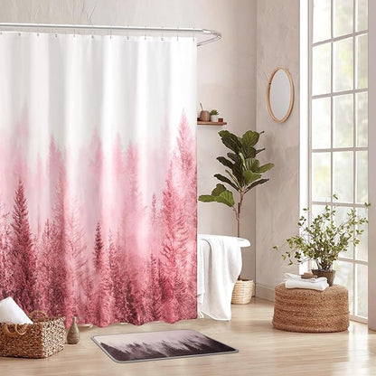 ORTIGIA Pink Shower Curtain with Misty Forest Patten for Bathroom, Nature Woodland Shower Curtain Set with Hooks, Weighted Waterproof Pine Tree Fog Magic Bath Curtain, 72x72